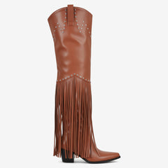 Tuhoomall Over-The-Knee High Heel Boots With Fringes And Studs For Party And Fashion Events