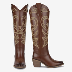 Tuhoomall Western Style Knee High Boots With Rhinestones & Embroidery, Trendy Chunky Heels For Casual Office Wear, All Season Comfort