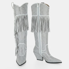 Tuhoomall Knee High Suede Boots For Women With Chunky Heel, Pointed Toe, Tassel And Rhinestones, Perfect For Fashion, Casual And Outdoor Wear