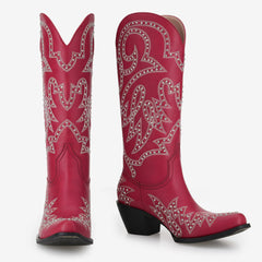 Tuhoomall Western Cowgirl Boots for Women, Mid Calf Slip-On Boot with Embroidery and Rhinestones, Chunky Heel for Outdoor Parties and Performances Tuhoomall