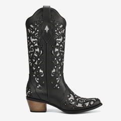 Tuhoomall Cowboy Boots for Women Western Square Toe Mid Calf White Cowgirl Boots Rhinestone Chunky Wedding