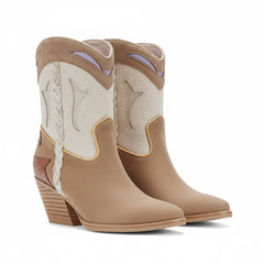 Tuhoomall Floral Ankle Cowboy Boots for Women, Low Chunky Heel 2.75 in, Elegant Vegan Leather, Perfect for Casual and Formal Occasions