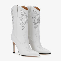 Tuhoomall Embroidered Mid Calf Heeled Boots for Women, Stylish Short Booties with 10cm Stiletto Heel, Perfect for Casual and Formal Wear Tuhoomall