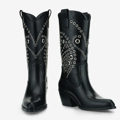 Tuhoomall Western Cowboy Short Boots For Women, Fashionable Casual Style, Pointed Toe, Chunky Heel, Slip-On Design, Unique Graphic Pattern, All Seasons