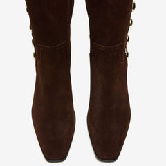 Tuhoomall Fashion Casual Knee High Boots for Women, Comfortable Low Chunky Heel, Lace Up, Studded Details, Perfect for Work and Everyday Style