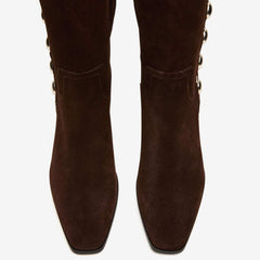 Tuhoomall Fashion Casual Knee High Boots for Women, Comfortable Low Chunky Heel, Lace Up, Studded Details, Perfect for Work and Everyday Style Tuhoomall