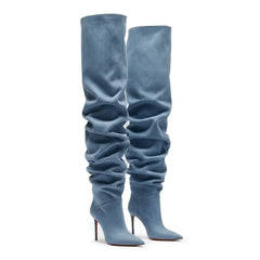 Tuhoomall Blue Denim Slouchy Pointy Thigh High Stiletto Heel Over Knee Boots For Women Tuhoomall