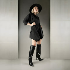 Tuhoomall Knee-High Stiletto Boots for Women - Comfortable PU Leather, Stylish Pointed Toe, Chic Metallic Accents