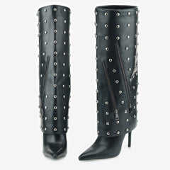 Tuhoomall Knee High Party Boots for Women, Two Piece Design with Studs and Zipper, Stylish High Heel 11.5cm, Perfect for Performances and Special Occasions