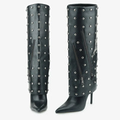Tuhoomall Knee High Party Boots for Women, Two Piece Design with Studs and Zipper, Stylish High Heel 11.5cm, Perfect for Performances and Special Occasions Tuhoomall