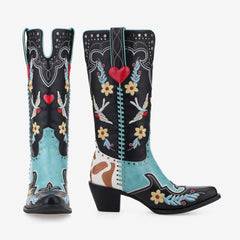 Tuhoomall Western Floral Embroidery Mid-Calf Boots - Trendy Slip-On Style for Parties and Performances, Comfortable Rubber Sole