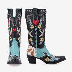 Tuhoomall Western Floral Embroidery Mid-Calf Boots - Trendy Slip-On Style for Parties and Performances, Comfortable Rubber Sole Tuhoomall