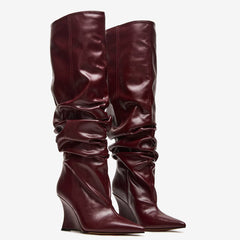 Tuhoomall Knee High Comfortable Wedge Booties With Pointed Toe For Parties, Performances, Fashion Events, Featuring Ruffled Design And Rubber Sole