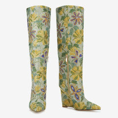 Tuhoomall Over-The-Knee Western Style Boots For Women, Comfortable Floral Design, Perfect For Parties And Casual Outfits