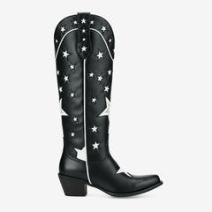 Tuhoomall Black Western Cowgirl Boots With Star Inlay, Chunky Heeled Mid Calf Design, Versatile Style For Weddings And Outdoor Events
