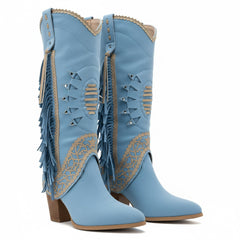 Tuhoomall Faux Suede Pointed Toe Fringe Western Mid Calf Boots for Casual Spring Autumn Winter Wear Tuhoomall