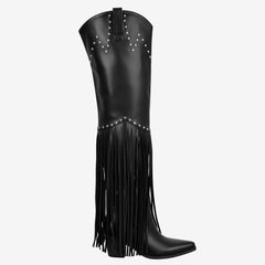 Tuhoomall Over-The-Knee High Heel Boots With Fringes And Studs For Party And Fashion Events