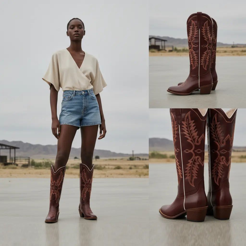 Tuhoomall Dark Green Embroidered Western Knee High Boots for Wide Calf with Chunky Heel Tuhoomall