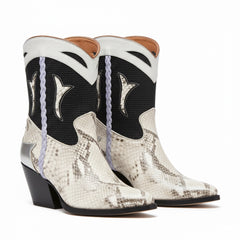 Tuhoomall Floral Ankle Cowboy Boots for Women, Low Chunky Heel 2.75 in, Elegant Vegan Leather, Perfect for Casual and Formal Occasions