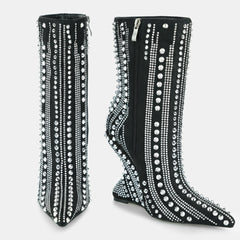 Tuhoomall High Heel Ankle Boots for Women - Striped Rhinestone Faux Suede Party Footwear with Zipper Closure and Unique Irregular Heels