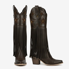 Tuhoomall Comfortable Western Knee-High Boots with Fringe and Studs for Fashion, Party, and Performance - 7.5cm Chunky Heel, All-Season Wear Tuhoomall