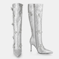 Tuhoomall Comfortable Rhinestone Embellished Knee High Boots for Parties, Performances, and Special Occasions with 9.5cm Stiletto Heel