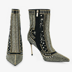 Tuhoomall Stylish Short Ankle Boots With Zipper, Rhinestones And Studs For Parties, Performances, And Fashion Events Tuhoomall
