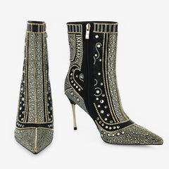 Tuhoomall Stylish Short Ankle Boots With Zipper, Rhinestones And Studs For Parties, Performances, And Fashion Events