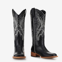 Tuhoomall Western Cowboy Women's Mid-Calf Boots - Comfortable Slip-On Design, Chunky Heel, Embroidered and Studded Style for Outdoor and Parties Tuhoomall