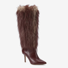 Tuhoomall Knee-High Faux Fur Booties with Zip Closure for Fashion Parties and Performances, Pointed Toe High Heels
