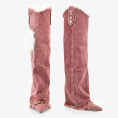 Tuhoomall Knee High Boots with Faux Fur and Metallic Buckles for Vintage Parties and Casual Outings Tuhoomall