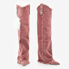 Tuhoomall Knee High Boots with Faux Fur and Metallic Buckles for Vintage Parties and Casual Outings