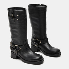 Tuhoomall Comfortable Chunky Heeled Calf-High Boots with Adjustable Buckles for Parties and Performances, Stylish Solid Color Design Tuhoomall