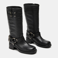 Tuhoomall Comfortable Chunky Heeled Calf-High Boots with Adjustable Buckles for Parties and Performances, Stylish Solid Color Design