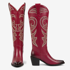 Tuhoomall Western Style Knee High Boots With Rhinestones & Embroidery, Trendy Chunky Heels For Casual Office Wear, All Season Comfort