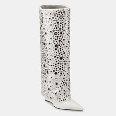 Tuhoomall Sparkling Knee-High Glitter Wedge Boots for Parties, Performances, and Fashion Events - Comfortable, Trendy, with Elegant Geometric Design
