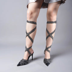 Tuhoomall High Heel Sandals For Women, Pointed Toe Party Shoes, Fashionable Open Back Design With Studded Accents, Ideal For Performances and Events