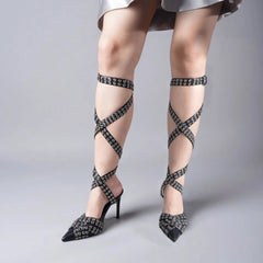 Tuhoomall High Heel Sandals For Women, Pointed Toe Party Shoes, Fashionable Open Back Design With Studded Accents, Ideal For Performances and Events Tuhoomall