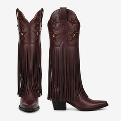 Tuhoomall Comfortable Western Knee-High Boots with Fringe and Studs for Fashion, Party, and Performance - 7.5cm Chunky Heel, All-Season Wear