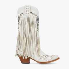 Tuhoomall Western Cowgirl Boots for Women, Slip-On Chunky Heel Mid Calf with Fringe, Durable Rubber Sole, Stylish Vegan Leather, Embroidered Design, All-Season Wear Tuhoomall