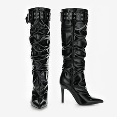 Tuhoomall Heels Boots for Women, Comfortable Folds, Outdoor Fashion, 9.5cm Heels, Slip-On Style, Metal Buckles, Versatile Casual Wear