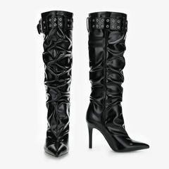 Tuhoomall Heels Boots for Women, Comfortable Folds, Outdoor Fashion, 9.5cm Heels, Slip-On Style, Metal Buckles, Versatile Casual Wear Tuhoomall