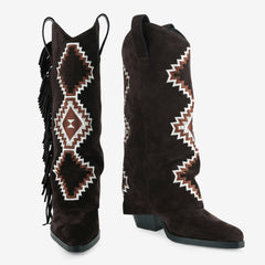 Tuhoomall Western Style Mid-Calf Booties with Colorful Geometric Patterns and Floral Embroidery - Perfect for Bohemian Chic Casual Outfits