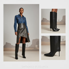 Tuhoomall Knee-High Stiletto Boots for Parties - Classic Style, Pure Color, Comfortable Fit, 10cm Heel, Perfect for Fashionable Evening Wear