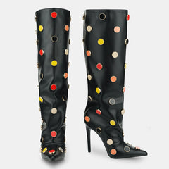 Tuhoomall Stunning over-the-knee High Heels Womens Boots with Polka Dot Pattern for Parties and Performances, Synthetic Leather, 12cm Heel