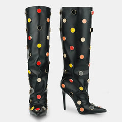 Tuhoomall Stunning over-the-knee High Heels Womens Boots with Polka Dot Pattern for Parties and Performances, Synthetic Leather, 12cm Heel Tuhoomall