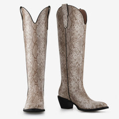 Tuhoomall Western Style Knee-High Boots for Women, Chunky Heel, Animal Print Vegan Leather, Slip-On Design for All Seasons