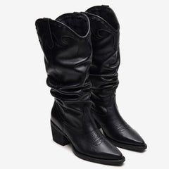 Tuhoomall Western Cowboy Boots For Women, Stylish Wrinkled Mid-Calf Design, Comfortable Slip-On Style, Embroidered Detailing Tuhoomall