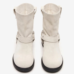 Tuhoomall Western Cowboy Ankle Boots for Women, Vintage Chunky Heel Booties, Easy Slip-On Design, All-Weather Comfort with Metal Buckle Detail