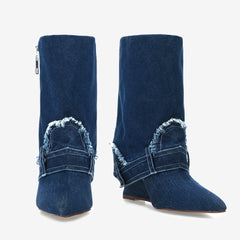 Tuhoomall Women's Short Denim Ankle Boots, Stylish Wedge Heel, Foldable Cuff, Perfect for Formal and Casual Events